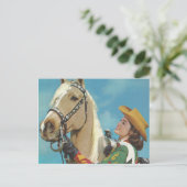 Vintager Western Cowgirl und Palomino Pferd Postkarte (Stehend Vorderseite)