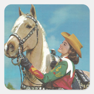 Vintager Western Cowgirl und Palomino Pferd Quadratischer Aufkleber