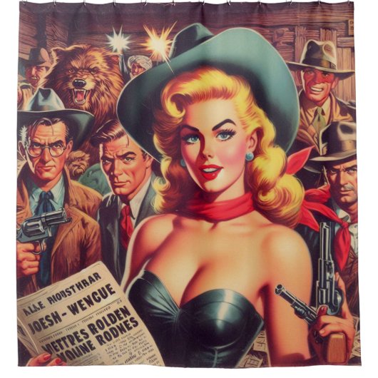 Vintager Western Pulp Girl Duschvorhang (Vorderseite)