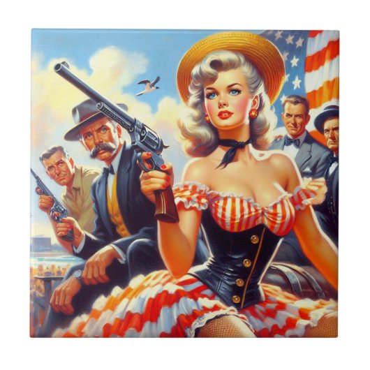 Vintager Western Pulp Girl Fliese (Vorderseite)