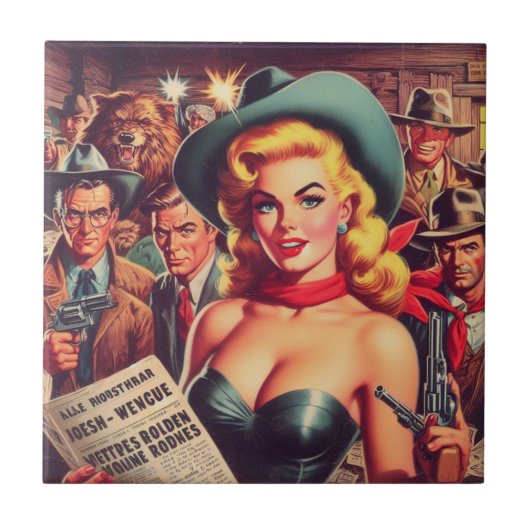 Vintager Western Pulp Girl Fliese (Vorderseite)