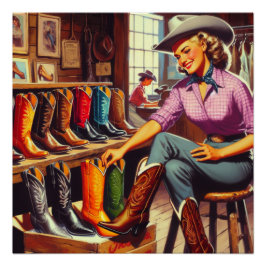 Vintager Western Retro Cowgirl Boot Shopping Poster