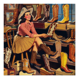 Vintager Western Retro Cowgirl Boot Shopping Poster