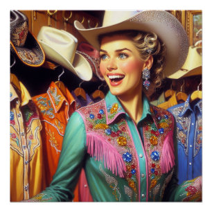Vintager Western Retro Cowgirl Shirt Shopping Poster