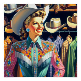 Vintager Western Retro Cowgirl Shirt Shopping Poster