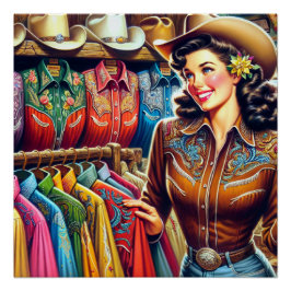 Vintager Western Retro Cowgirl Shirt Shopping Poster