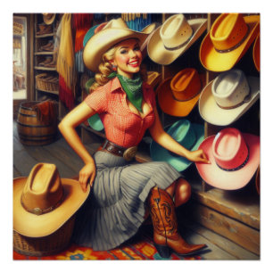 Vintager Western Retro Cowgirl Shopping für Hasen Poster