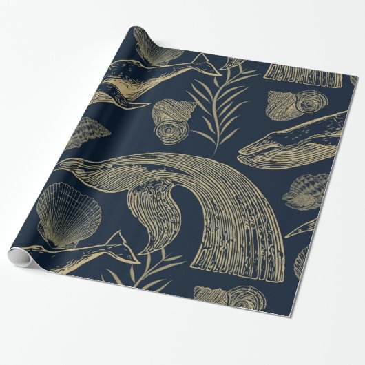 Vintager Whale Blue Geschenkpapier (Ungerollt)