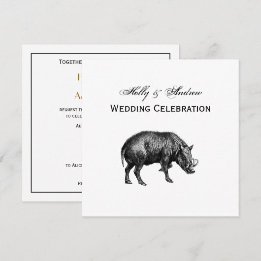 Vintager Wildschwein Zeichnend BW Einladung (Vorne/Hinten)