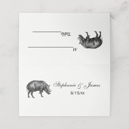 Vintager Wildschwein Zeichnend BW Platzkarte (Außenseite Aufgefaltet)