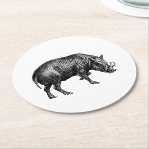 Vintager Wildschwein Zeichnend BW Runder Pappuntersetzer
