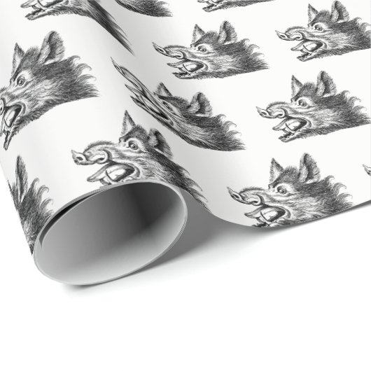 Vintager Wildschweinkopf Zeichne BW Geschenkpapier (Rolleneckpunkt)