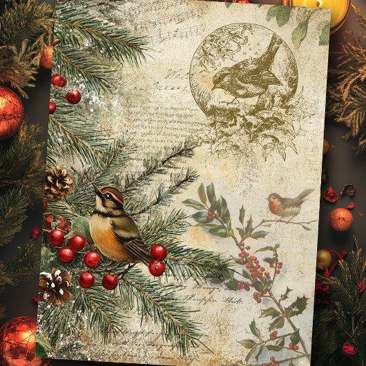 Vintager Winter botanisch mit Vögeln Decoupage Seidenpapier