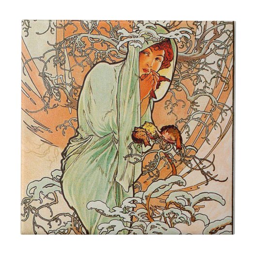 Vintager Winter durch Alphonse Mucha Fliese (Vorderseite)