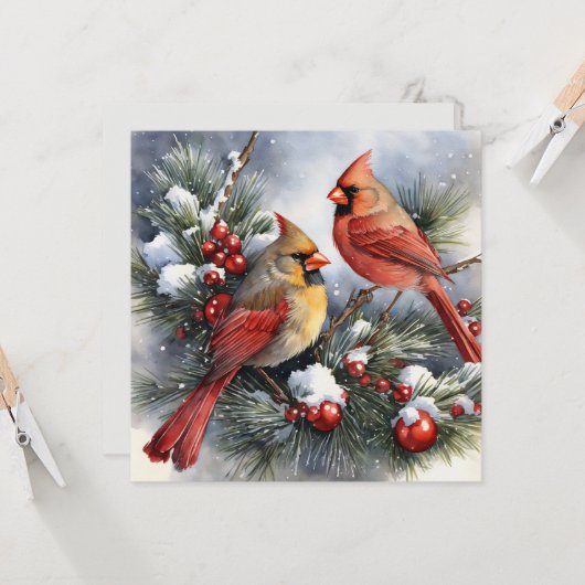 Vintager Winter Kardinal Birds Schneeweihnachtsfla Karte (Vorderseite/Rückseite Beispiel)