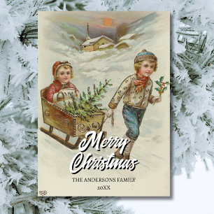 Vintager Winter Schlittelweg mit Christbaum Feiertagskarte