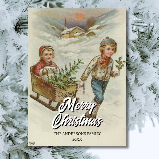 Vintager Winter Schlittelweg mit Christbaum Feiertagskarte