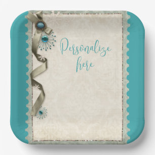 Vintager Winterschneeflockendampfer aquamarin Pappteller