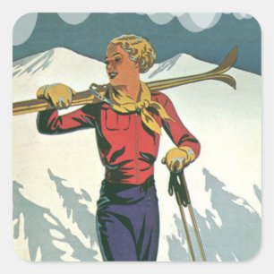 Vintager Wintersport - bereiten Sie vor, um Ski zu Quadratischer Aufkleber