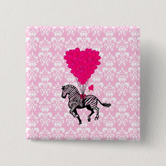 Vintager Zebra- und rosa Herzballon Button (Vorderseite)