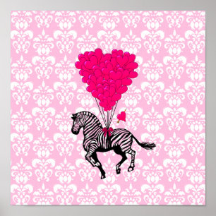 Vintager Zebra- und rosa Herzballon Poster