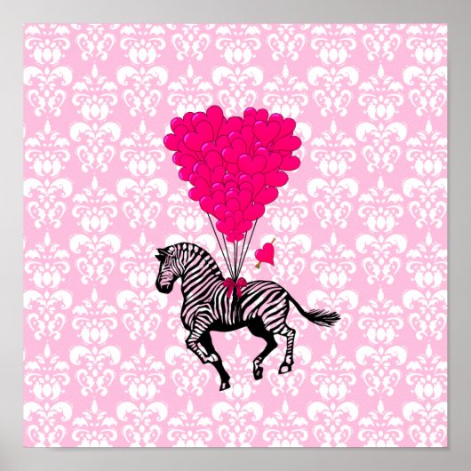 Vintager Zebra- und rosa Herzballon Poster (Vorne)