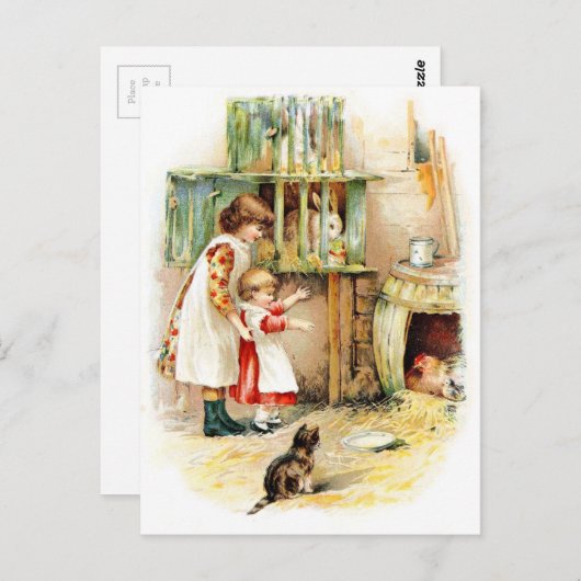 Vintager Zeichn: Die Kaninchenhause Postkarte (Vorne/Hinten)