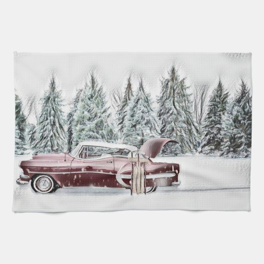Vintager Zeichn eines Roten Autos und Weihnachtsbä Geschirrtuch (Horizontal)