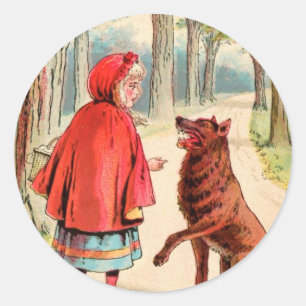 Vintager Zeichn: Red Riding Hood und der Wolf Runder Aufkleber