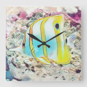 Vintager Zeichn von Blaugelben Fischen im Meer Quadratische Wanduhr