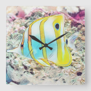 Vintager Zeichn von Blaugelben Fischen in Sea Lumb Quadratische Wanduhr