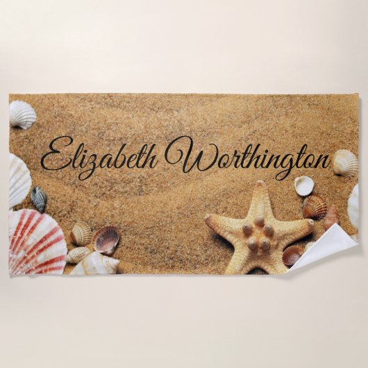 Vintager Zeichn von Seashells auf Sand Strandtuch (Vorderseite)