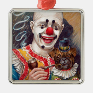 Vintager Zirkus-Clown mit seinem Zirkus-Mops-Hund Silbernes Ornament