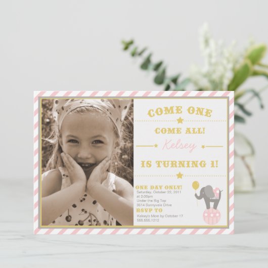 Vintager Zirkus-Elefant - 1. Geburtstag Einladung (Stehend Vorderseite)