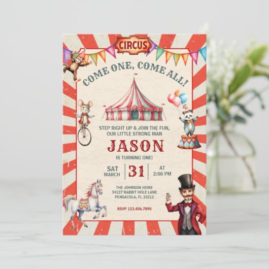 Vintager Zirkus-Karneval Geburtstag Einladung (Stehend Vorderseite)