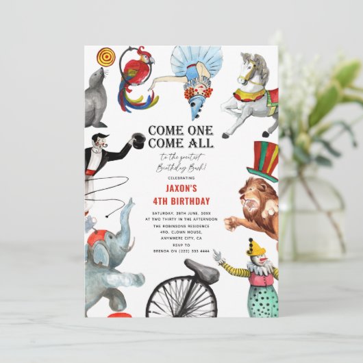 Vintager Zirkus - Kindergeburtstag Einladung (Stehend Vorderseite)