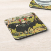 Vintager Zirkus mit Straußen und großen Vögeln. Getränkeuntersetzer (Linke Seite)