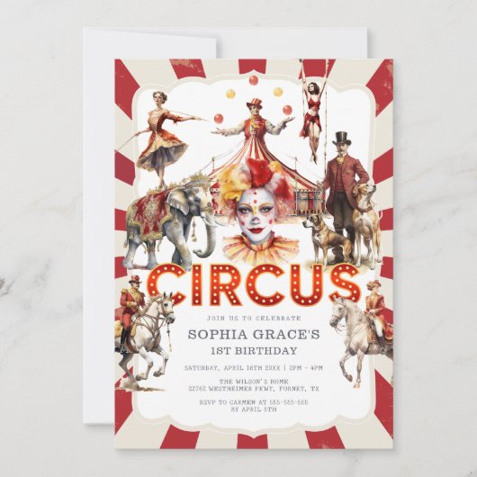 Vintager Zirkus und Karneval Geburt Einladung (Vorderseite)
