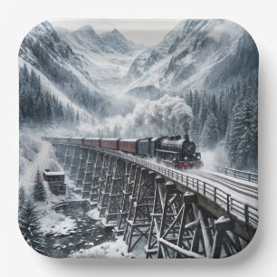 Vintager Zug auf einem Bergtal Trestle Pappteller