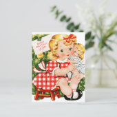 Vintages 1950 Mädchen mit Puppe Postkarte (Stehend Vorderseite)