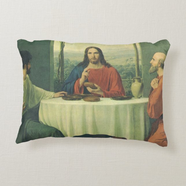 Vintages Abendessen im Emmaus mit Jesus Christus Dekokissen (Rückseite)