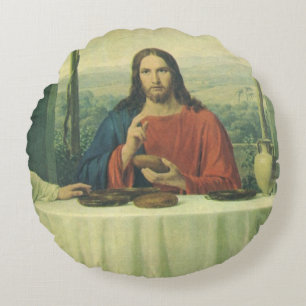 Vintages Abendessen im Emmaus mit Jesus Christus Rundes Kissen