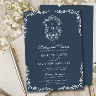 Vintages Abendessen mit blauem Monogramm Einladung
