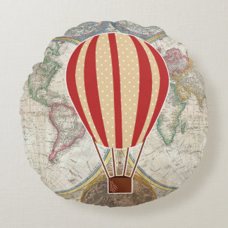 Vintages Adventure Hot Air Ballon Weltkarte Rundes Kissen