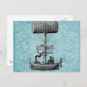 Vintages Airboot |Blue Damask Postkarte (Vorne/Hinten)