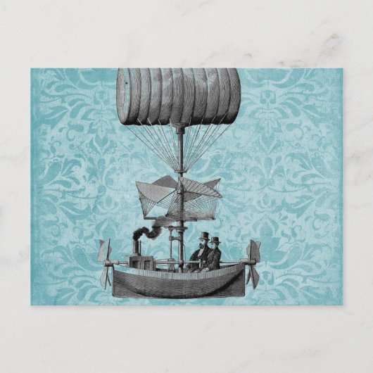Vintages Airboot |Blue Damask Postkarte (Vorderseite)