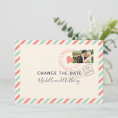 Vintages Airmail Hochzeitdatum Neues Foto Save The Date (Stehend Vorderseite)