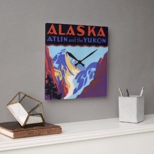 Vintages Alaska-Reiseplakat, Atlin und Yukon Quadratische Wanduhr