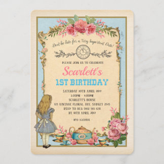 Vintages Alice im Wunderland-Geburtstags-Tee-Party Einladung