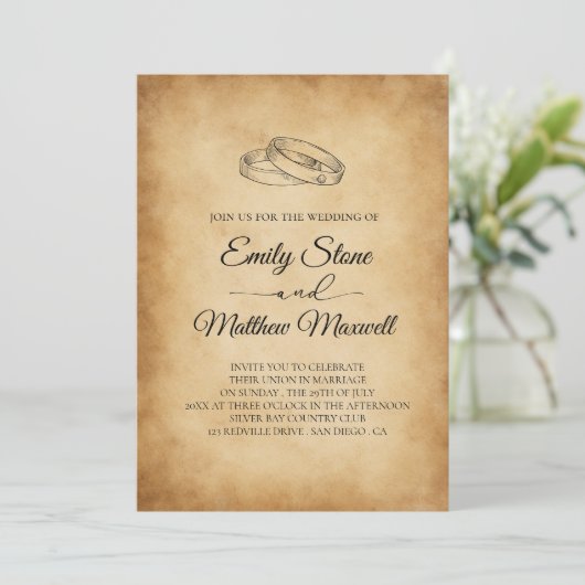 Vintages altes Papier, rustikale Hochzeit Einladung (Stehend Vorderseite)